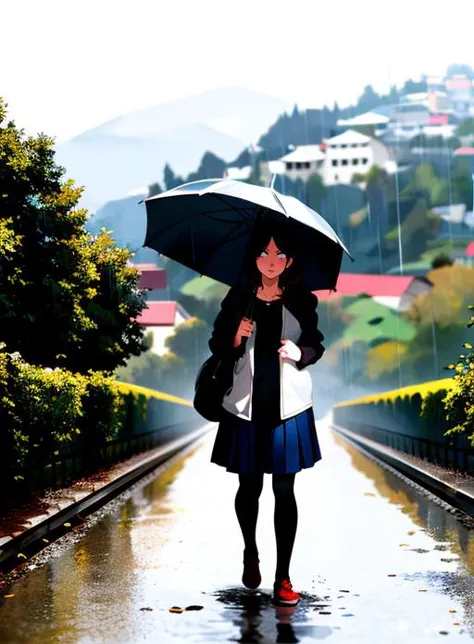 1girl,
walking, water drop, rain, Cinematic lighting,day,Vineyards,
hand holding umbrella
 <lora:rainydays:0.5>