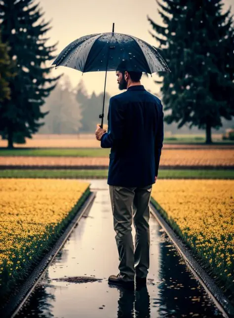 1man,
standing, water drop, rain, Cinematic lighting,Flower fields,day,
hand holding umbrella
<lora:rainydays:0.5>