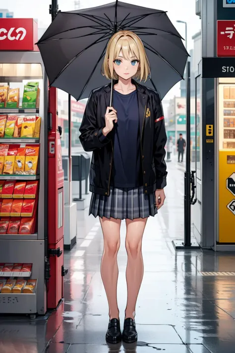 masterpiece, best quality, woman, full body, blonde hair, wearing jacket, wearing pleated skirt, standing, in front of convenience store, hand holding umbrella, rain, water drop, <lora:rainydays:0.6>