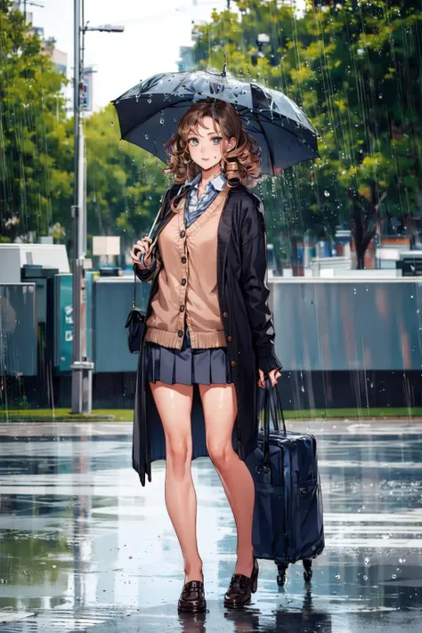 masterpiece, best quality, mature female, full body, curly hair, standing, wearing cardigan, wearing miniskirt, water drop, rain, hand holding umbrella, <lora:rainydays:0.6>