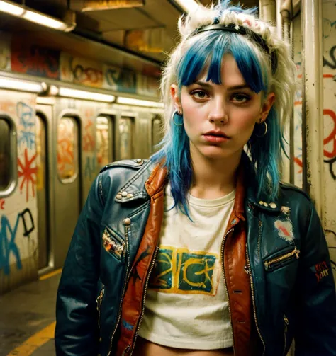 <lora:wegg:1> 1970s Kodak photo of a young 20 year old punk rock girl with blue multi-colored hair wearing a white shirt and leather jacket, in a New York subway, graffiti on wall, photography by robert herman, by william eggleston, faded, film grain, cross processed image