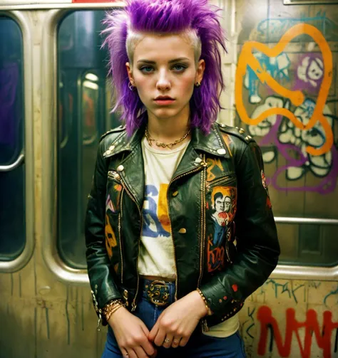 <lora:wegg:1> 1970s Kodak photo of a young 20 year old punk rock girl with purple multi-colored hair wearing a white shirt and leather jacket, in a New York subway, graffiti on wall, photography by robert herman, by william eggleston, faded, film grain, cross processed image