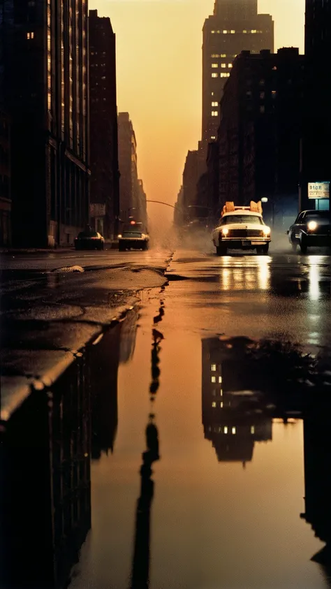 a desolate road in new york city by william eggleston, at night, huge buildings, thunderstorm and rain, dimly lit, beautiful, mysterious threatening atmosphere, the light of a street lamp is reflecting in a puddle