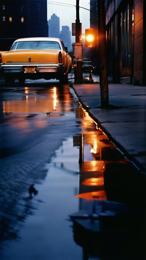 a desolate road in new york city by william eggleston, at night, huge buildings, thunderstorm and rain, dimly lit, beautiful, mysterious threatening atmosphere, the light of a street lamp is reflecting on small puddles