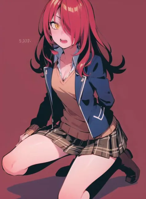 <lora:char-Kobayashi Rindou:1>, 1girl, kobayashi rindou,slit pupils,  <lora:style-eniac31:0.8>, jacket, sweater, plaid skirt, kneeling, kneehighs, [[brown shoes]], [[cleavage]]