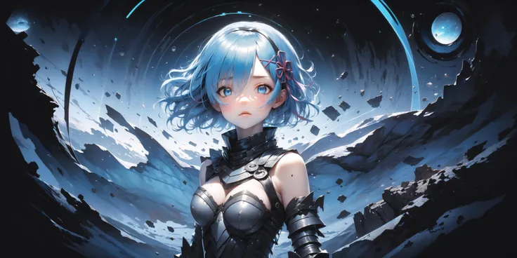 masterpiece, best quality, rem, 1girl, (armor, metal, black hole, powerful, abstract:1.2), (blue theme:1.5), (exile:1.15), (machine:1.25)<lora:Rembooru_789677:1>