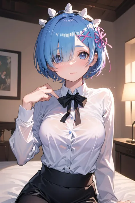 masterpiece, best quality, rem, 1girl, collared shirt<lora:Rembooru_789677:1>