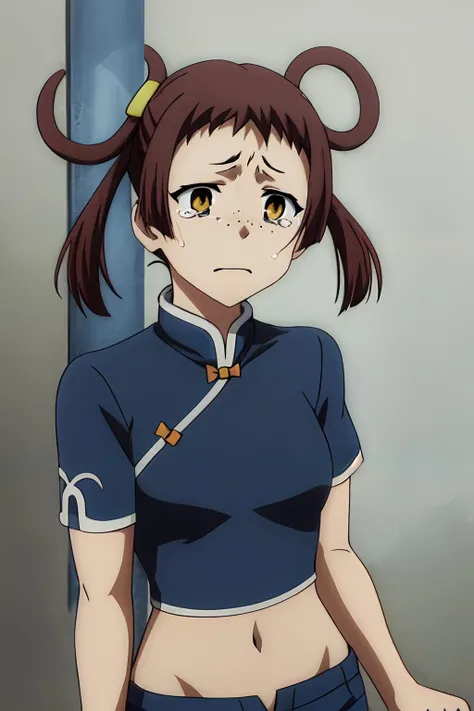 (masterpiece, best quality:1.2), highres, anime screencap, anime coloring, 1girl, solo, tears, sad, 
YunYun_V2, bangs, (freckles:0.8), 
chinese clothes, blue shirt, short sleeves, midriff, navel, blue pants, 
<lora:add_detail_CyberAlchemist:0.4>, <lora:GoodHands-beta2:0.8>, <lora:YunYunV2-000009:0.9>,