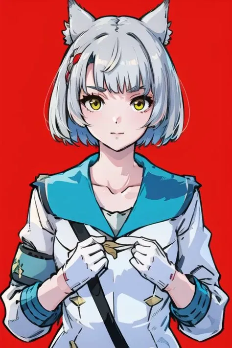 <lora:Fiona_xenoblade_3-10:0.7>,   jacket, sailor uniform, white  gloves, long_sleeves, armband, mitsudomoe(shape),    <lora:Chara_XB3_mio:0.8> , mio \(xenoblade\), white hair, cat ears, yellow eyes,, best quality, highly detailed, masterpiece, ( bad_prompt_version2:0.6), best quality, highres, 4k, ultra-detailed, beautiful detailed face, beautiful detailed eyes