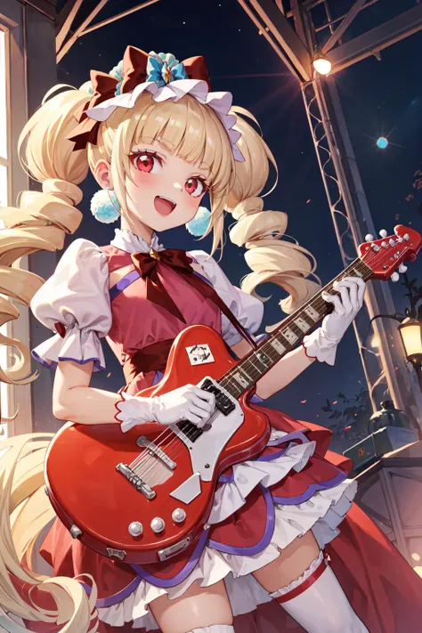 masterpiece,best quality,1girl,solo,cure macherie,blonde hair,twintails,red eyes,pom pom earrings,pink ribbon,white gloves,puffy sleeves,layered dress,porch,wrist bow,jewelry,smile,open mouth,holding instrument,holding guitar,electric guitar,on stage,<lora:locon_cure_macherie_01:0.9>,<lora:Concept-control tool-add_detail-CyberAIchemist:0.8>,