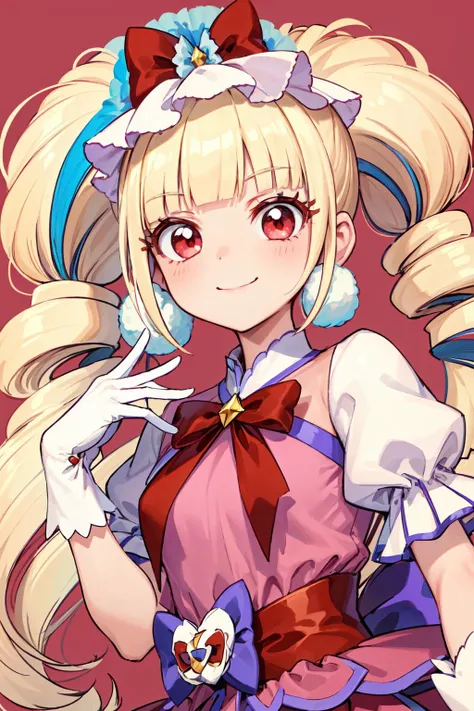 masterpiece,best quality,1girl,cure macherie,blonde hair,twintails,red eyes,pom pom earrings,pink ribbon,white gloves,puffy sleeves,layered dress,porch,wrist bow,jewelry,smile,(multicolored background:1.2),upper body,dutch angle,<lora:locon_cure_macherie_01:0.9>,<lora:Concept-control tool-add_detail-CyberAIchemist:0.3>,