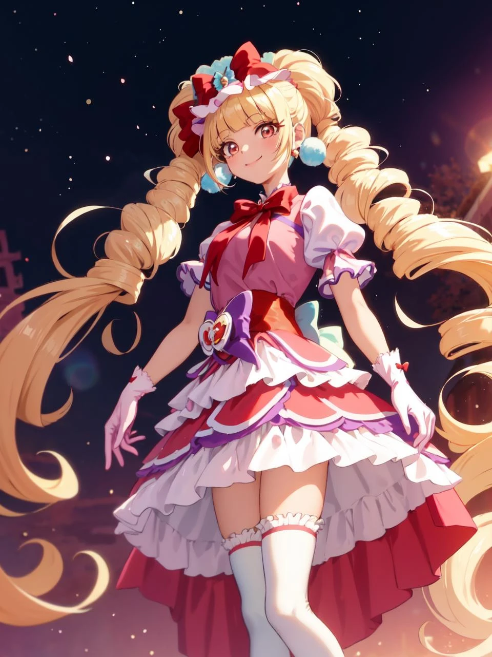 masterpiece, best quality, looking at viewer, depth of field, standing, full_body,
1girl, <lora:locon_cure_macherie_01:0.9>, cure macherie, twintails, pom pom earrings, pink ribbon, white gloves, frilled thighhighs, red boots, puffy sleeves, layered dress, porch, wrist bow, jewelry,
smile, (gradient background), lens flare,