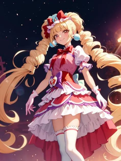 masterpiece, best quality, looking at viewer, depth of field, standing, full_body, 
1girl, <lora:locon_cure_macherie_01:0.9>, cure macherie, twintails, pom pom earrings, pink ribbon, white gloves, frilled thighhighs, red boots, puffy sleeves, layered dress, porch, wrist bow, jewelry,
smile, (gradient background), lens flare,