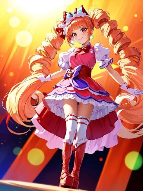 masterpiece, best quality, looking at viewer, depth of field, standing, full body,
1girl, <lora:locon_cure_macherie_01:0.9>, cure macherie, twintails, pom pom earrings, pink ribbon, white gloves, frilled thighhighs, red boots, puffy sleeves, layered dress, porch, wrist bow, jewelry,
smile, (gradient background), lens flare,