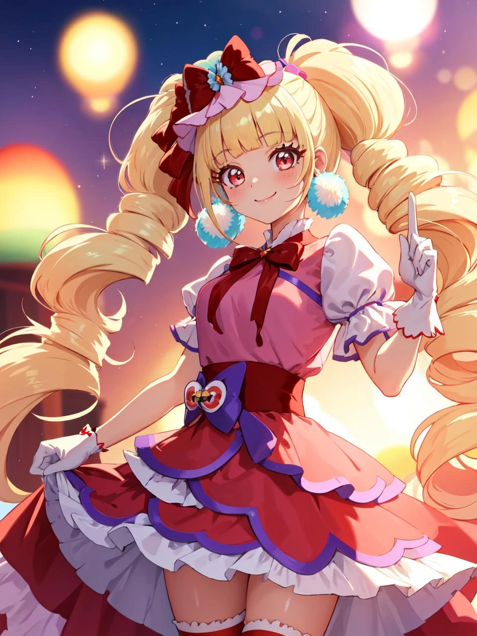 masterpiece, best quality, looking at viewer, depth of field, standing, cowboy_shot,
1girl, <lora:locon_cure_macherie_01:0.9>, cure macherie, twintails, pom pom earrings, pink ribbon, white gloves, frilled thighhighs, red boots, puffy sleeves, layered dress, porch, wrist bow, jewelry,
smile, (gradient background), lens flare,