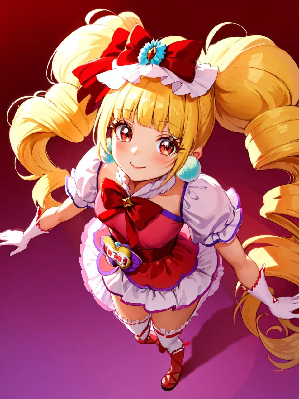 masterpiece, best quality, looking at viewer, depth of field, standing, full body, from above,
1girl, <lora:locon_cure_macherie_01:0.9>, cure macherie, twintails, pom pom earrings, pink ribbon, white gloves, frilled thighhighs, red boots, puffy sleeves, layered dress, porch, wrist bow, jewelry,
smile, (gradient background), lens flare,