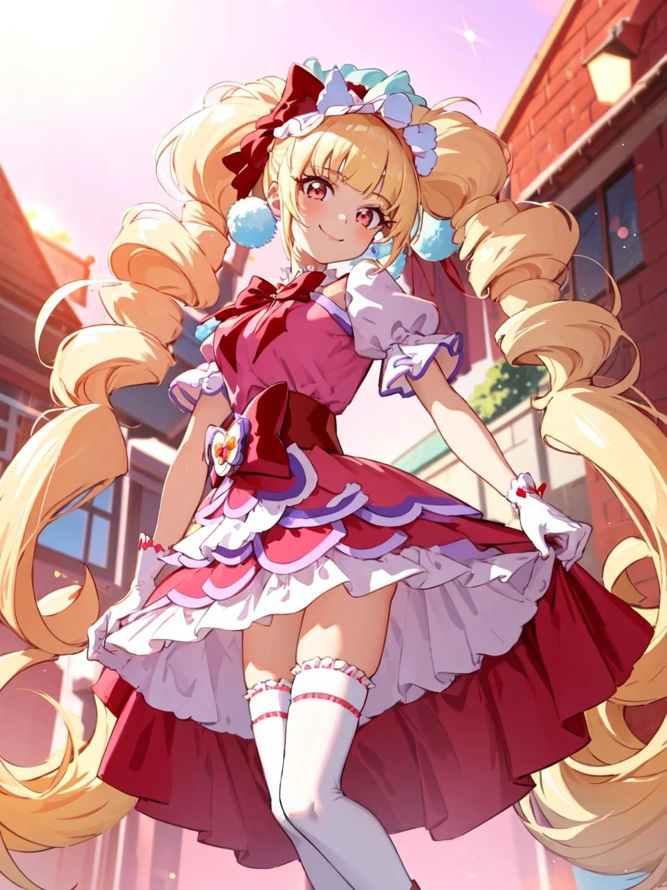 masterpiece, best quality, looking at viewer, depth of field, standing, full_body,
1girl, <lora:locon_cure_macherie_01:0.9>, cure macherie, twintails, pom pom earrings, pink ribbon, white gloves, frilled thighhighs, red boots, puffy sleeves, layered dress, porch, wrist bow, jewelry,
smile, (gradient background), lens flare,