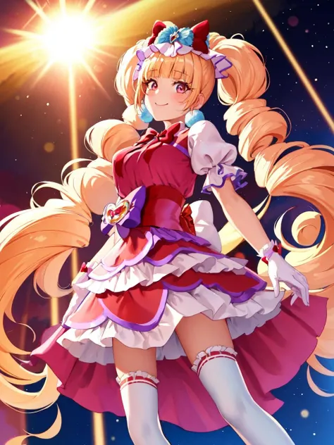 masterpiece, best quality, looking at viewer, depth of field, standing, full_body,
1girl, <lora:locon_cure_macherie_01:0.9>, cure macherie, twintails, pom pom earrings, pink ribbon, white gloves, frilled thighhighs, red boots, puffy sleeves, layered dress, porch, wrist bow, jewelry,
smile, (gradient background), lens flare,