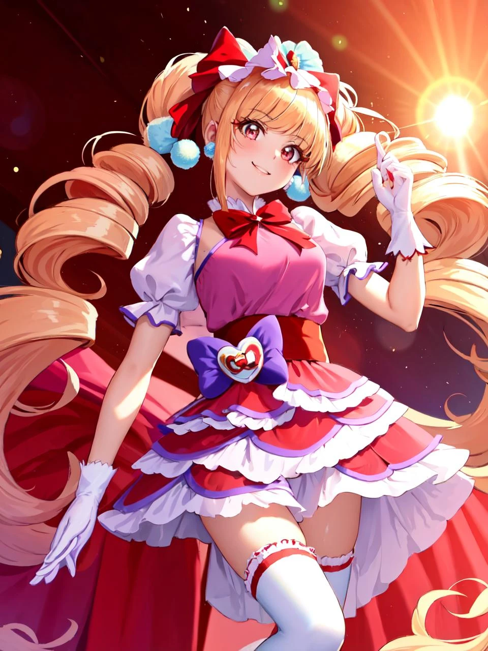 masterpiece, best quality, looking at viewer, depth of field, standing, full_body,
1girl, <lora:locon_cure_macherie_01:0.9>, cure macherie, twintails, pom pom earrings, pink ribbon, white gloves, frilled thighhighs, red boots, puffy sleeves, layered dress, porch, wrist bow, jewelry,
smile, (gradient background), lens flare,