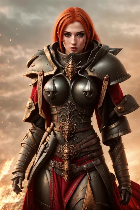 Create an image in [diffused soft light and backlight]  with [Canon EOS R5  50mm lens, F/2.8] [Ultrarealistic] [RAW color] (best quality:1.3) of single  young [battle sister] <lora:warhammerAdeptus_whsororitasV4:0.6>  [warhammer 40k] [adepta sororitas]. Wearing [polished metal armor] [slim skinny figure], [narrow hips], [smooth, glossy skin]. She has [ginger hair:1.5] that falls past her shoulders, framing her [heart-shaped] face. Her [emerald eyes], with [long, full eyelashes] [black eyeliner] and [black eyeshadow] that add to her feminine charm. Her [face] is delicately proportioned with [dense freckles], with a [small nose] and [high cheekbones]. Her [lips] are [full], often slightly parted in a [seductive pout]. Her [skin] is [smooth and even-toned], with a natural [glow] that suggests good health and vitality. Strive for a lifelike, [full body], [real picture, intricate details], [raytracing], [uhd body], [realistic] image that portrays her [photo-realistic] natural beauty from [head to toe].  Background of [desolated wasteland] and [burning sky]