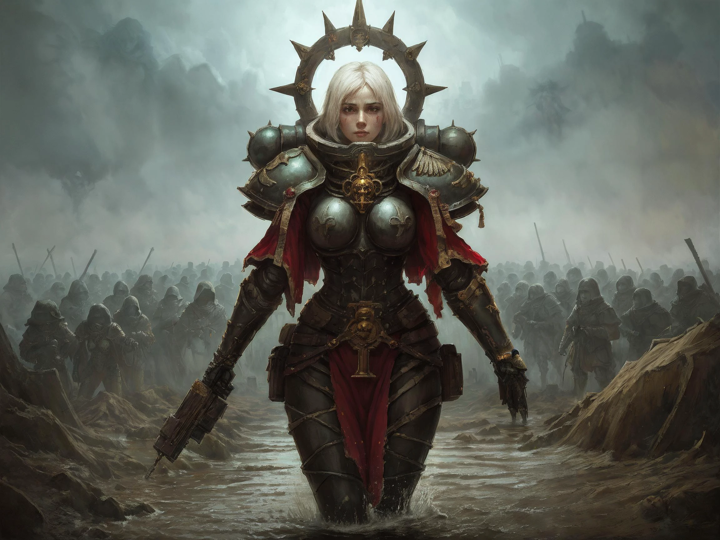 A painting of whsororitas, adepta sororitas, enveloped by the shadows of an eerie, waterlogged trench, as twisted figures emerge from the darkness, embodying the haunting nature of war; Verdun, Ypres, World War 1; in the style of (Beksinski:1.3), Giger, Escher, dry brush, oil on canvas, dark fantasy art, vivid contrasts, vibrant colors <lora:WH40KSisters_V2rank8:0.5> , <lora:whsororitas_v4:0.5>, dry brush, (symmetric eyes)