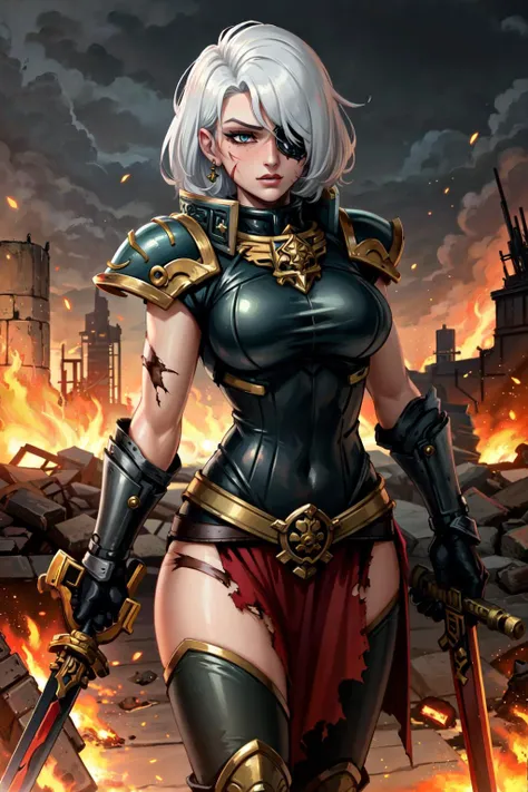 (masterpiece:1.2), (best quality:1.2), perfect eyes, perfect face, perfect lighting, 1girl, mature whsororitas with sword in hands, scar over one eye, eyepatch, red tabard, white hair, warhammer 40k, chaos, fire, scifi, detailed ruined city background <lora:warhammerAdeptus_whsororitasV3:0.4>