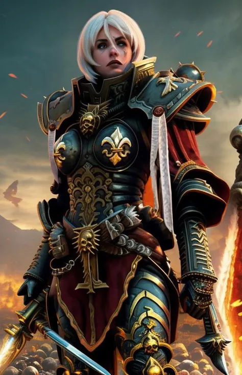 high quality photo of standing whsororitas with sword in hands <lora:whsororitas3:0.9>, sculls on ground, sceletons on ground, bones on ground, atmospheric lighting, saturated colors, Charlise Terion face, star trek cinematic,warhammer 40k