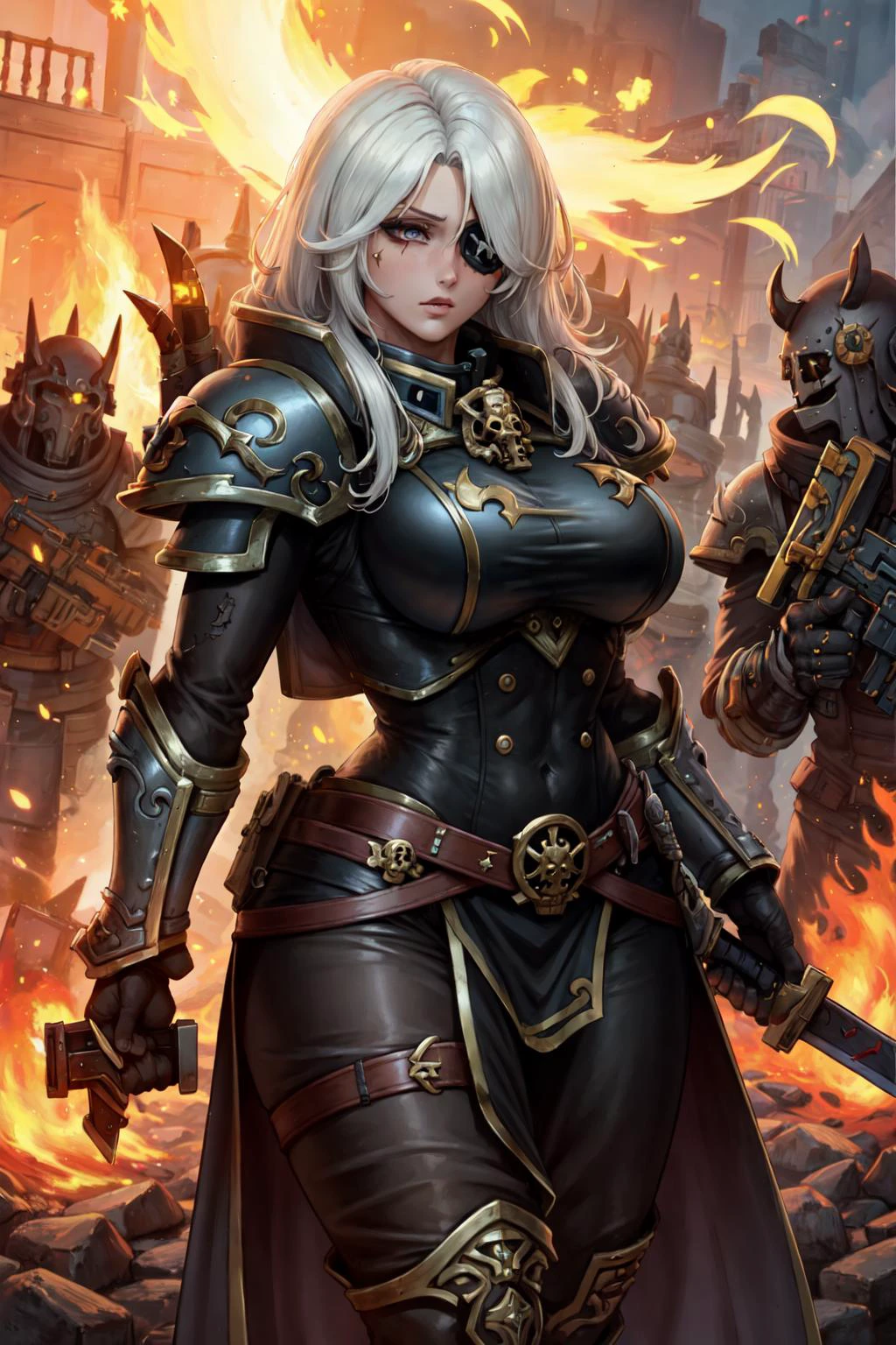 (masterpiece:1.2), (best quality:1.2), perfect eyes, perfect face, perfect lighting, 1girl, mature whsororitas with sword in hands, scar over one eye, eyepatch, white hair, skulls on the ground, warhammer 40k, chaos, fire, scifi, detailed battlefield background <lora:warhammerAdeptus_whsororitasV3:0.4>
