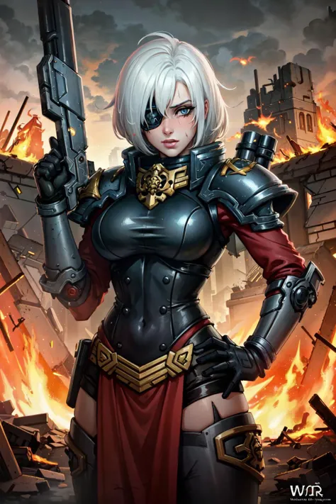 (masterpiece:1.2), (best quality:1.2), perfect eyes, perfect face, perfect lighting, 1girl, mature whsororitas with a laser riffle in her hands, scar over one eye, eyepatch, red tabard, white hair, warhammer 40k, chaos, fire, scifi, detailed ruined city background <lora:warhammerAdeptus_whsororitasV3:0.4>