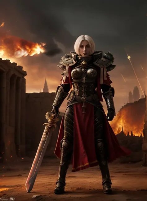 high quality photo of standing whsororitas with sword in hands <lora:whsororitas_v4:0.6>, whsororitas, 1girl, flaming city ruins in background, dust and smoke, atmospheric lighting, white paper scrolls with text, red wax seals, saturated colors, Charlise Terion face, star trek cinematic,warhammer 40k, beautiful face, detailed face, whrepentia with sword