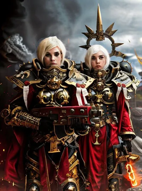high quality photo of standing whsororitas with bolter in hands <lora:whsororitas_v4:0.8>, 1girl, flaming city ruins in background, dust and smoke, atmospheric lighting, polished gold metal, white paper scrolls with text, red wax seals, saturated colors, Charlise Terion face, star trek cinematic,warhammer 40k, beautiful face, detailed face