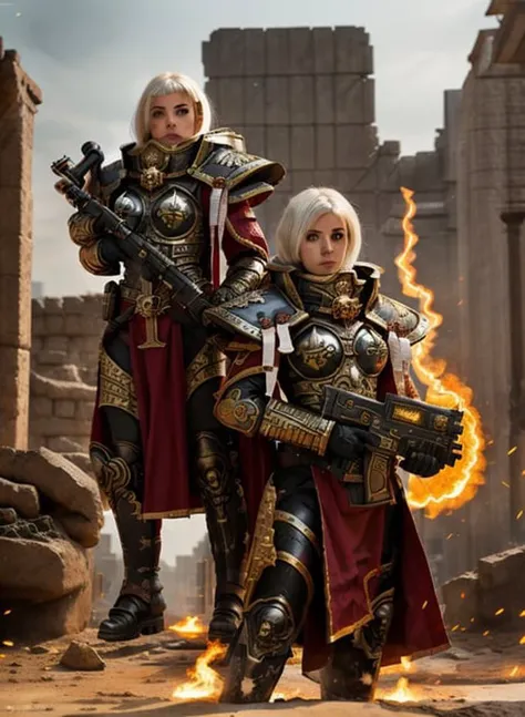 high quality photo of standing whsororitas with bolter in hands <lora:whsororitas_v4:0.6>, 1girl, flaming city ruins in background, dust and smoke, atmospheric lighting, polished gold metal, white paper scrolls with text, red wax seals, saturated colors, Charlise Terion face, star trek cinematic,warhammer 40k, beautiful face, detailed face