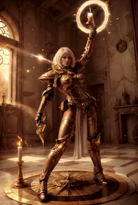 1girl, cowboy shot of gorgeous woman, ((mature woman)), white hair , bobcut , eyeliner , glaring at camera , whsororitas, purity seals, IvoryGoldAI, (pelvic curtain), ((energy, light particles)), setting sun, floating hair, (magic, magic_circle), perfect hands, chess floor, candles, scrolls, indoors, highly detailed, absurdres, masterpiece, realistic, dynamic angles, dynamic posing, <lora:IvoryGoldAI:0.5>  <lora:whsororitas_v4:0.5>