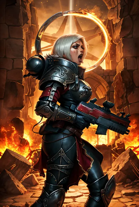 1girl, cowboy shot of gorgeous woman, ((mature woman)), ((firing a large rifle, muzzle flash, bullet casings)), white hair , bobcut , eyeliner , looking off camera, screaming in rage, angry expression , whsororitas, purity seals, black-red, leg armor, large pauldrons, (pelvic curtain), ((energy, light particles)), dark lighting, dramatic lighting, nighttime, (magic, magic_circle), perfect hands, ruined cathedral, broken walls, scattered stones, broken glass, indoors, highly detailed, absurdres, masterpiece, realistic, dynamic angles, dynamic posing, ((from side)) <lora:whsororitas_v4:0.5>