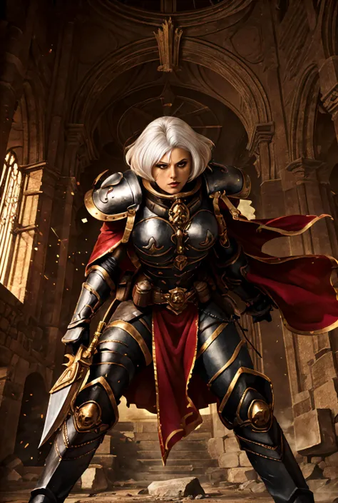 1girl, cowboy shot of gorgeous woman, ((mature woman)), white hair , bobcut , eyeliner , glaring at camera , whsororitas, purity seals, black-red, leg armor, large pauldrons, (pelvic curtain), ((energy, light particles)), dark lighting, dramatic lighting, nighttime, (magic, magic_circle), perfect hands, ruined cathedral, broken walls, scattered stones, broken glass, indoors, highly detailed, absurdres, masterpiece, realistic, dynamic angles, dynamic posing, <lora:whsororitas_v4:0.5>
