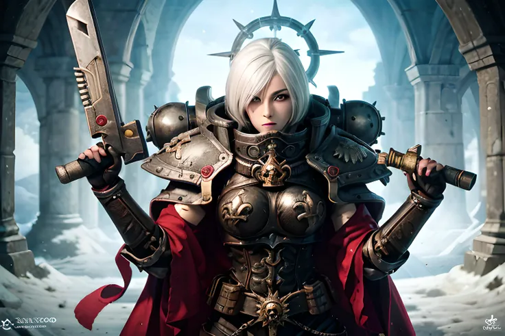 whsororitas, 1 girl, solo, warhammer 40k, space marine, ((medium full shot)), dynamic pose,perfect eyes, perfect face, ultra detailed, green eyes, looking viewer, thick eyelashes, eyeliner, white hair, blunt bangs, dungeon <lora:dungeon_v2.0:1>, weapon in hands <lora:whsororitas_v4:0.6>
