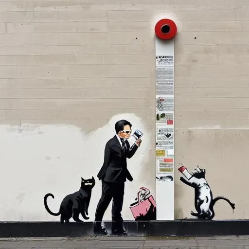 b4nksy artstyle, suit, black cat, white footwear <lora:Banksy_style:1> on a wall