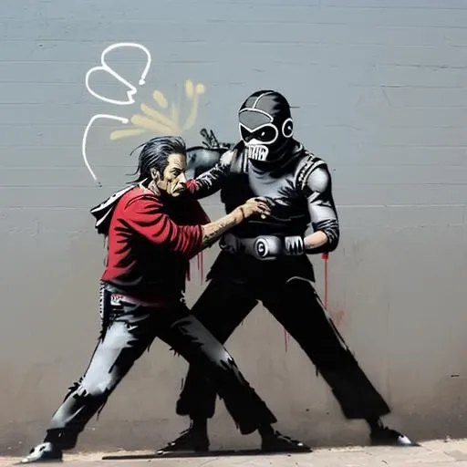 ((b4nksy artstyle)), photo of a man fighting another man on the wall<lora:Banksy_style:1>