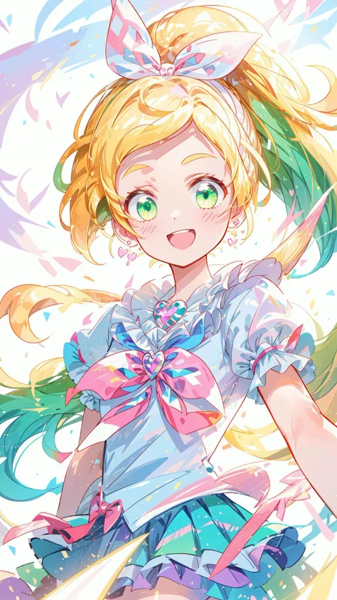 1girl, masterpiece, best quality, (ultra detailed), beautiful body, perfect anatomy, beautiful face and eyes, ((Pastel colors)) , perfect lighting, illustration,
<lora:locon_cure_rhythm_1:1> (cure rhythm:1.15), wide ponytail, puffy short sleeves, brooch, heart earrings, ribbon, arm warmers, white boots, Blonde hair color, (green eyes), long hair,
(cute pose:1.2), (light smile:1.2), dynamic pose,
dynamic composition, (dynamic angle0.7), upper body, face focus,
<lora:dreamflower:0.7>, (streamed:1.3),
<lora:rainbow:0.45>,
<lora:hyperdetailer_v095:0.55>,
colorful background,
<lora:whitebackground:0.05>, white background, floating feeling ,
mega ponytail, big hair, long hair, (very long hair), (explosion:1.2),