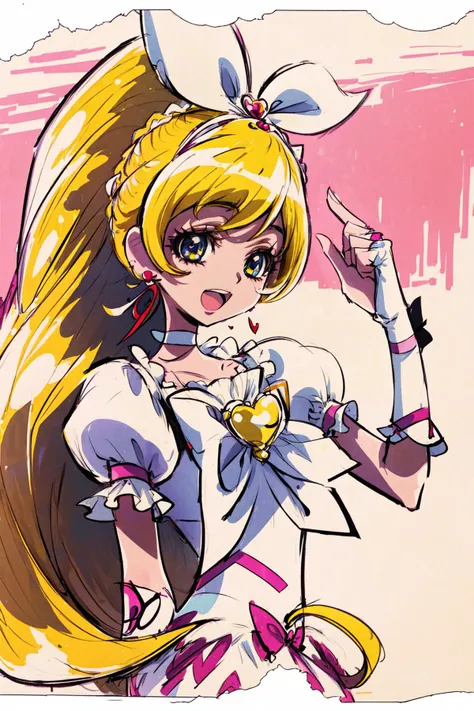 masterpiece,best quality,((SFW)),1girl,cure rhythm,blonde hair,wide ponytail,puffy short sleeves,brooch,heart earrings,ribbon,arm warmers,white boots,smile,open mouth,upper body,<lora:locon_cure_rhythm_1:0.9>,<lora:KamikitaV2:0.8>,