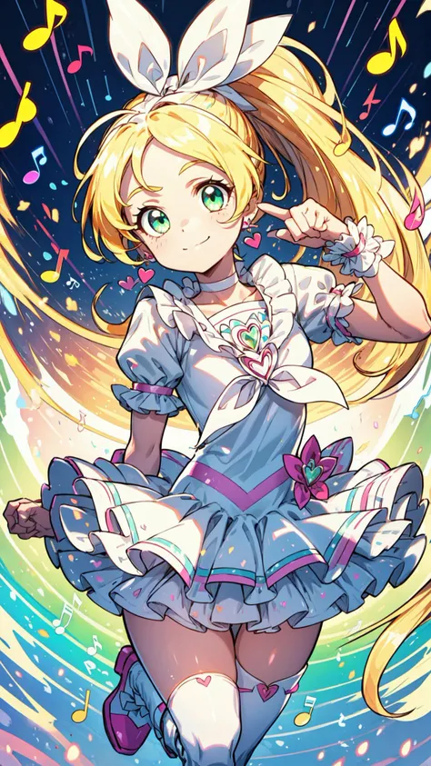 masterpiece, best quality, high quality, highres, ultra detailed, (detailed eyes and face:1.2), perfect anatomy,
<lora:locon_cure_rhythm_v1:1> cure rhythm, puffy short sleeves, brooch, heart earrings, ribbon, arm warmers, white boots, light green eyes, wide ponytail,
1girl, (cute pose:1.2), Ladylike, head tilt, looking at viewer, (light smile:1.35), face focus, leg up, closed mouth,
(musical note:1.4), music, sound,
<lora:×tachi-e:0.8> (white background:0.25),
<lora:rainbow_TW_rainbow08:0.4> rainbow
<lora:×add_detail:0.6>