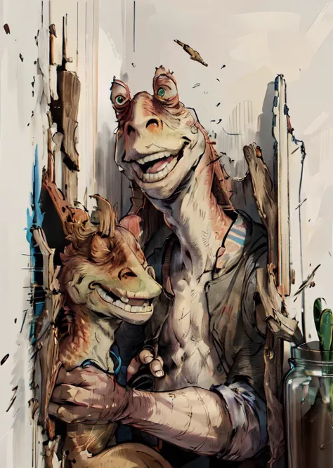 masterpiece, best quality, jar jar binks, Johnny, broken wall, :d, face only, Beautiful Art Style, Sacrifices, inspired, <lora:jarJarBinksGunganStar_v3:0.6> <lora:HereIsJohnny:1> crazy face, crazy eyes, crazy smile, shocked, horrified, scared, small pupils, constricted pupils, <lora:crazyExpressions_crazyExpressions:0.6>
