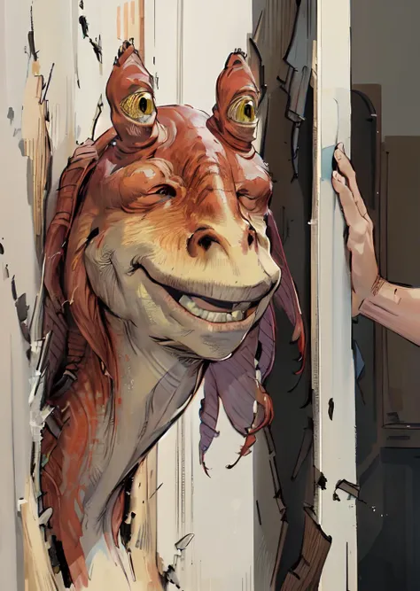 masterpiece, best quality, jar jar binks, Johnny, broken wall, :d, face only, Beautiful Art Style, 1girl, young woman, vintage-style boots or mary jane shoes, atmospheric, infernal palace,  <lora:jarJarBinksGunganStar_v3:0.6> <lora:HereIsJohnny:1>