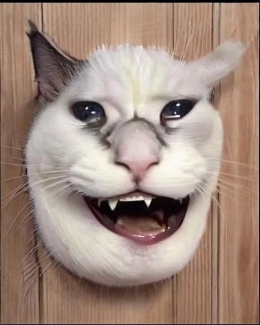 Johnny sadcatmeme, broken wall|door, :d, face only <lora:HereIsJohnny:1> <lora:SadCatMeme_V10:1>