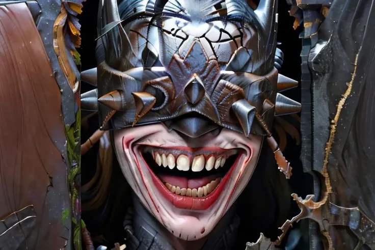 ((Portrait Photography)), <lora:BatmanWhoLaughs:1> batmanwholaughs, open mouth, smile, grey background
(open mouth:1.5), (right:1.4) <lora:HereIsJohnny:1> Johnny, broken wall, :d, face only