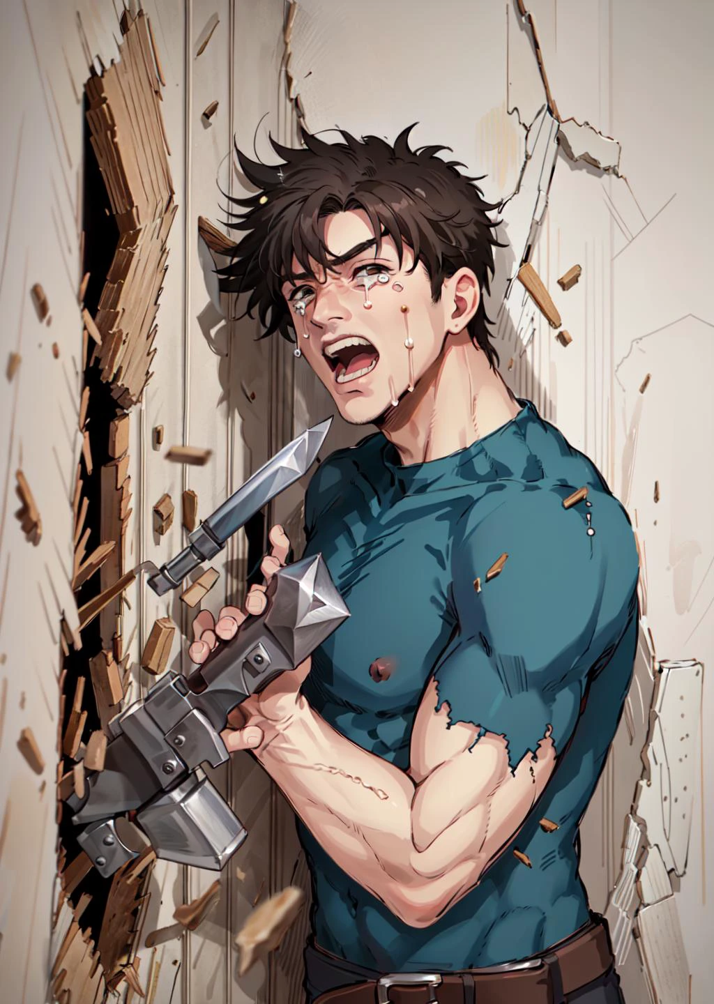 masterpiece, best quality, joseph joestar, muscular male, brown hair, <lora:jojo_joseph_joestar-10:0.8>, JohnnysVictim, broken wall, against wall, screaming, crying, tears, axe, Beautiful Art Style, tam o' shanter, deeply thoughtful, <lora:HereIsJohnny:1>