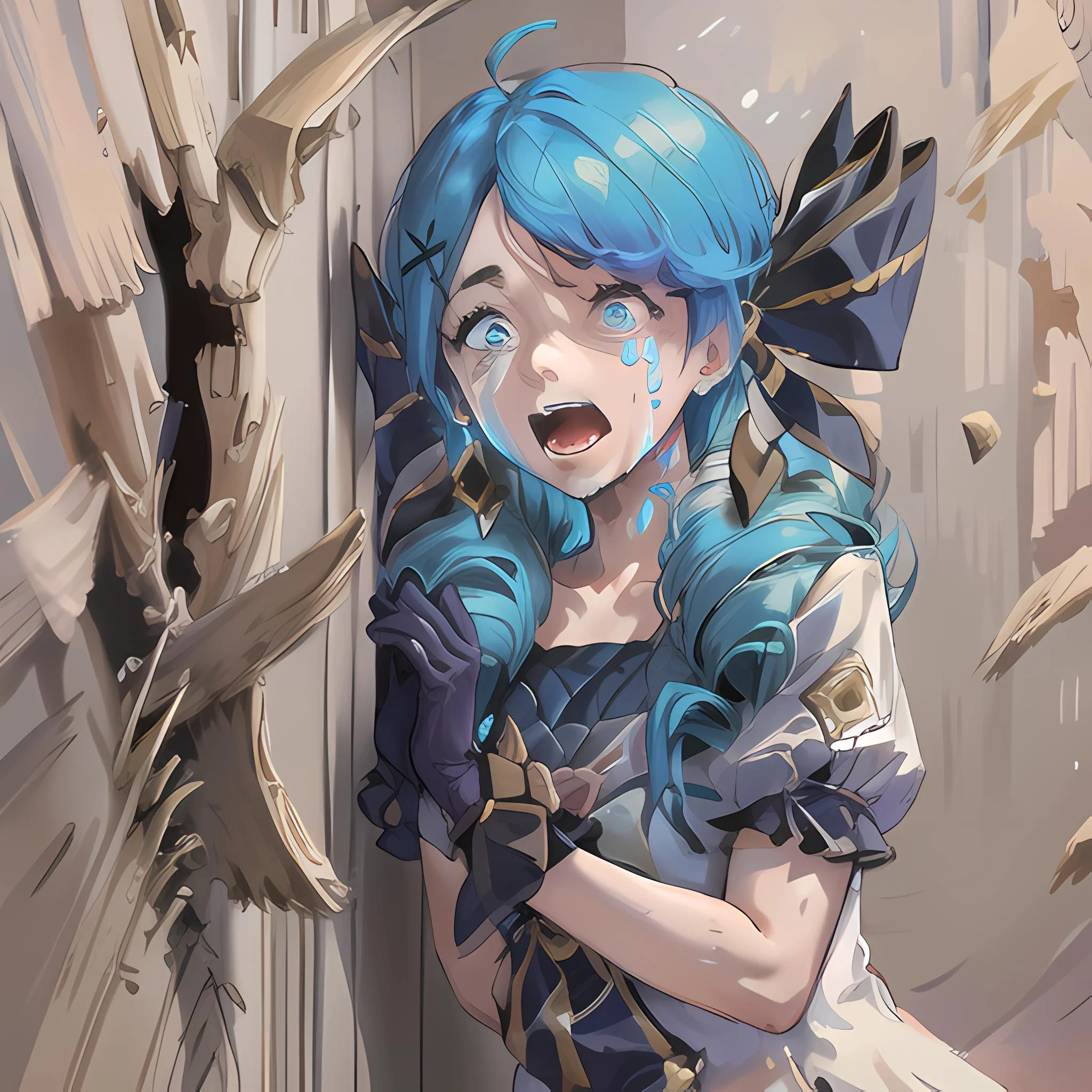 Highly detailed, High Quality, Masterpiece, beautiful, JJohnnysVictim, broken wall,black bow, black gloves, black legwear, blue eyes, blue hair, bow, collarbone, dress, drill hair, frilled dress, frills, gloves, gwen \(league of legends\), hair ornament, highres, league of legends, long hair, parted lips, puffy sleeves, pink pupils,solo, white dress, x, x hair ornament, against wall, screaming, crying, tears, <lyco:HereIsJohnny:1.0>,