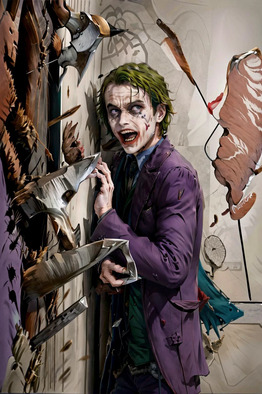 1man, 1boy, solo. <lora:HereIsJohnny:1.2> JohnnysVictim, broken wall, against wall, screaming, crying, tears, axe
<lora:Joker_Heath_Ledger-KK77-V1:0.6> joker, green hair, purple, dressed, formal