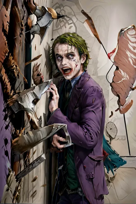 1man, 1boy, solo. <lora:HereIsJohnny:1.2>  JohnnysVictim, broken wall, against wall, screaming, crying, tears, axe 
<lora:Joker_Heath_Ledger-KK77-V1:0.6> joker, green hair, purple, dressed, formal