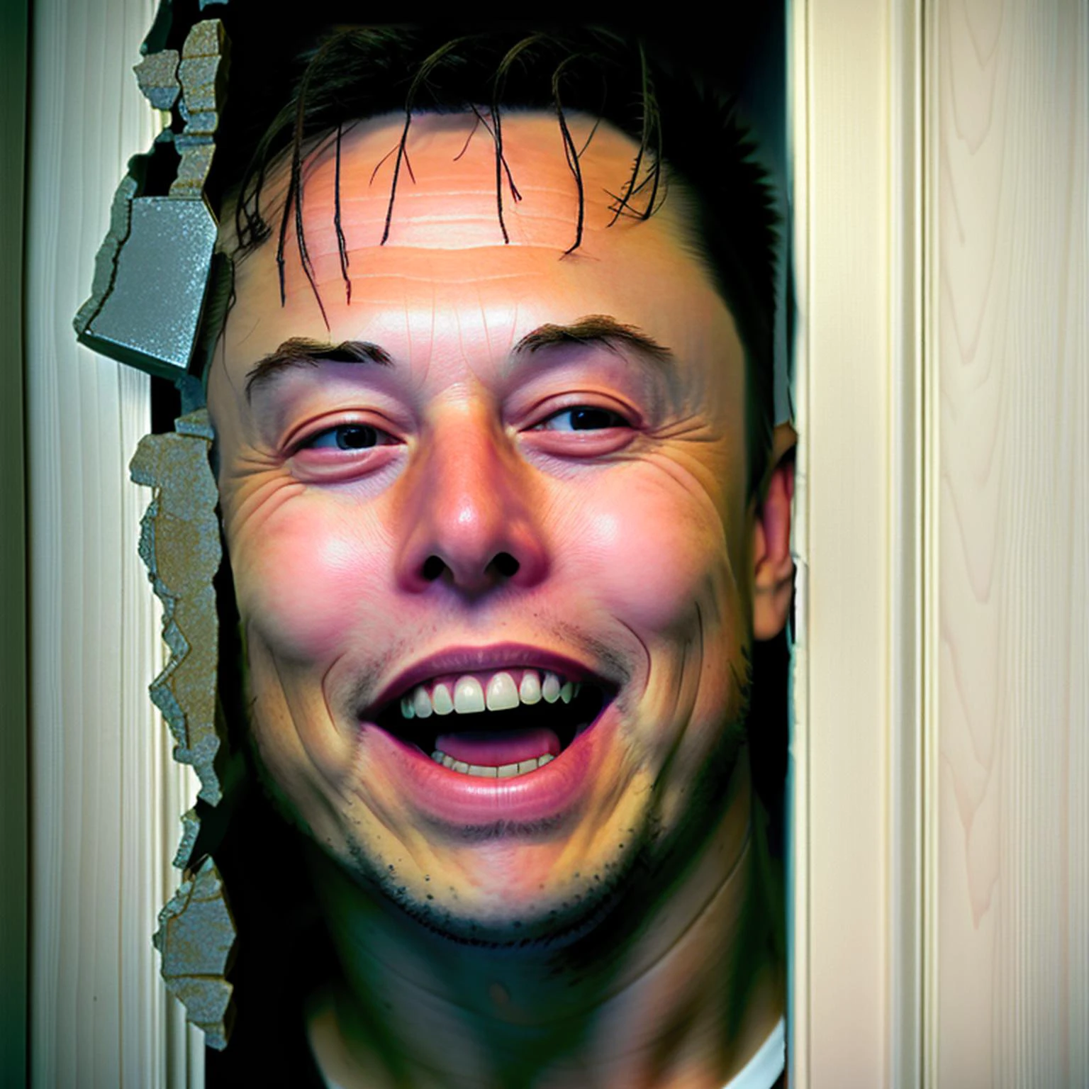 (masterpiece, best quality:1.2), 1boy,realistic,raw photo,black t-shirts,
Johnny, (broken wall:1.2),wood door, :d, face only,(elon musk:1.0),(plump:0.5),muscular,
<lora:HereIsJohnny:0.8>
